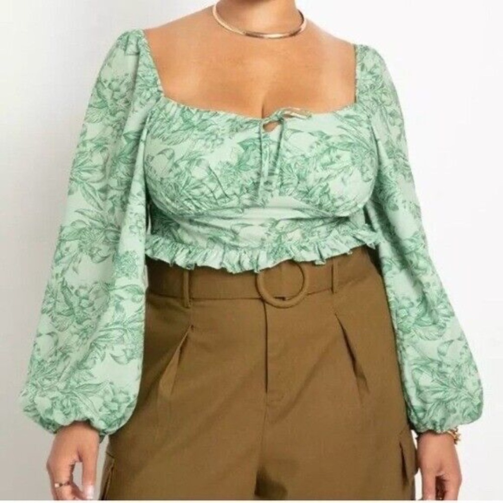 Eloquii Green Floral Cropped Shirt with Long Balloon Sleeves
